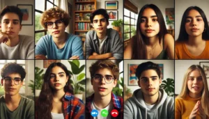 Una pantalla de computadora muestra una videollamada con cuatro adolescentes en un grupo de terapia online. Terapias Online para Adolescentes