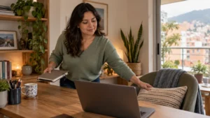 Mujer prepara un espacio privado en casa para una sesión de terapia online.