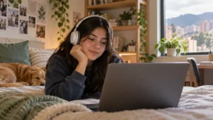Adolescente con audífonos usa un portátil en un espacio privado de su hogar.