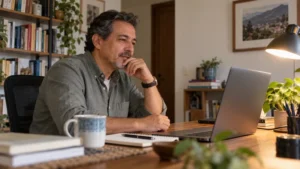 Hombre adulto participa en una consulta psicológica virtual desde casa.