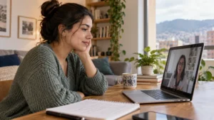 Mujer latinoamericana participa en una consulta psicológica online desde su hogar.