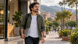 Hombre camina al aire libre después de cerrar su portátil.