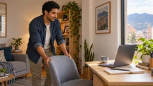 Hombre prepara una silla y un espacio privado para una consulta online.